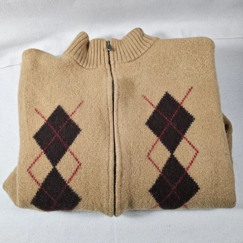 Eddie Bauer Sweater Mens 100% Merino Wool Brown Argyle Zip Mock Neck XXXL TALL